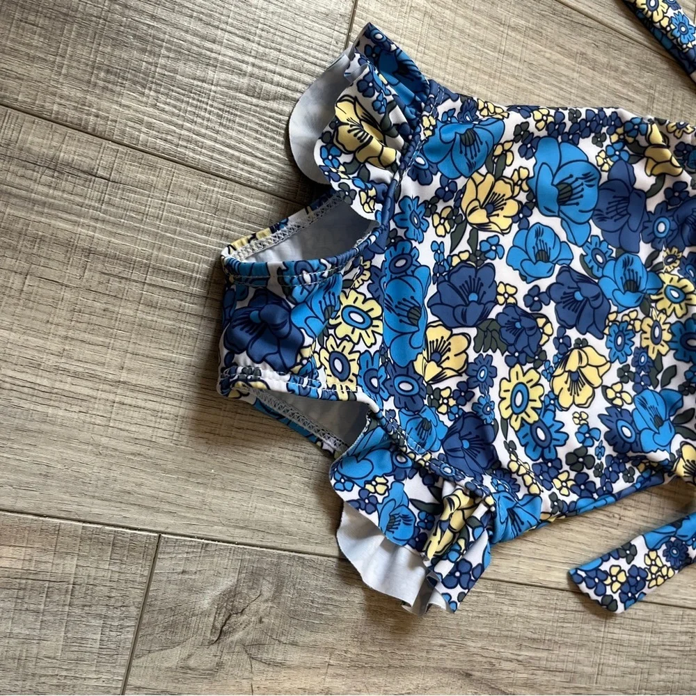 Floral Blue and Yellow Kids One-Piece Swimsuit Blue Floral Tie Strap Skirt 9-12M